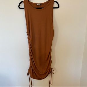 BTFBM Women Sleeveless Ruched Short Dress Side Drawstring, Sz XL, Brown